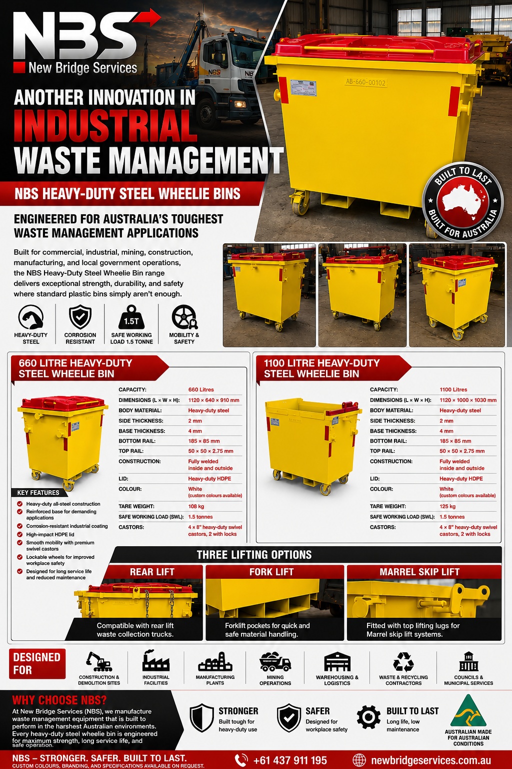Promotional infographic for NBS heavy-duty steel wheelie bins, showing yellow bins and bold red headline text.