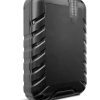 Rugged black portable battery pack with reinforced casing and grooved sides, angled to the left.