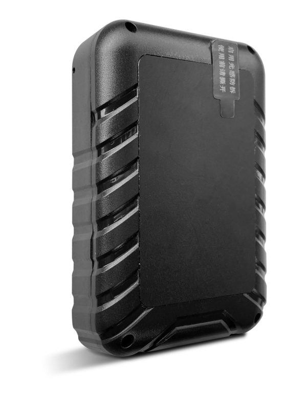 Rugged black portable battery pack with reinforced casing and grooved sides, angled to the left.