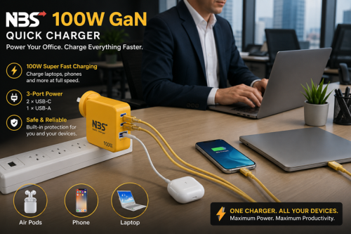 NBS FAST CHARGER | New Bridge Services Office desk with a yellow 100W GaN charger powering a phone, AirPods case, and laptop nearby in use by a person in a business setting