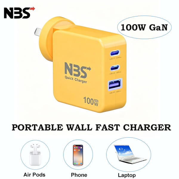 NBS Fast charger 1 | New Bridge Services Yellow NBS 100W GaN portable wall charger with three USB ports (USB-C and USB-A) shown for fast charging