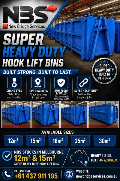NBS_HOOK_LIFT_BINS_2MB | New Bridge Services Bold ad for NBS super heavy-duty hook lift bins, featuring large blue bins and 'Built Strong. Built to Last.' slogan in a warehouse setting