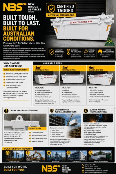 NBS_Marrel_Skip_Bins_Brochure_under_2MB | New Bridge Services Infographic poster for NBS New Bridge Services promoting heavy‑duty Marrel skip bins with yellow and black branding and a large white skip bin in a yard.
