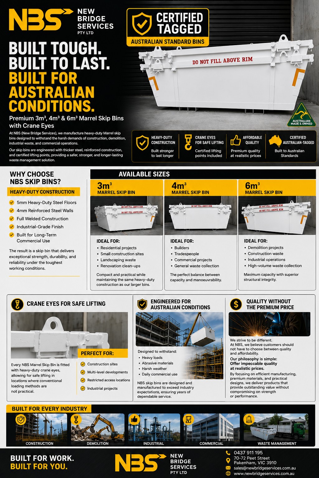 Infographic poster for NBS New Bridge Services promoting heavy‑duty Marrel skip bins with yellow and black branding and a large white skip bin in a yard.